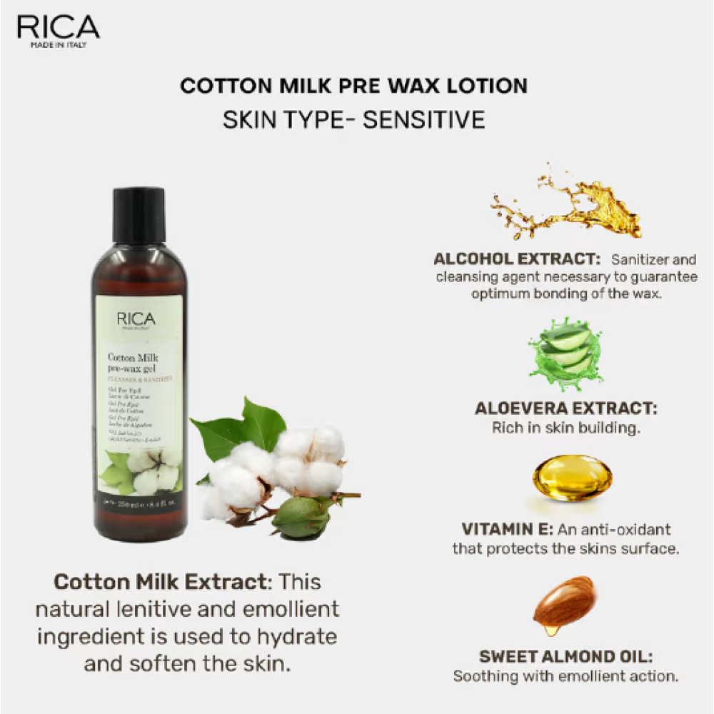 RICA Cotton Milk Pre-wax gel - Гель с экстрактом хлопка перед ваксацией, 250ml (ERICA41)