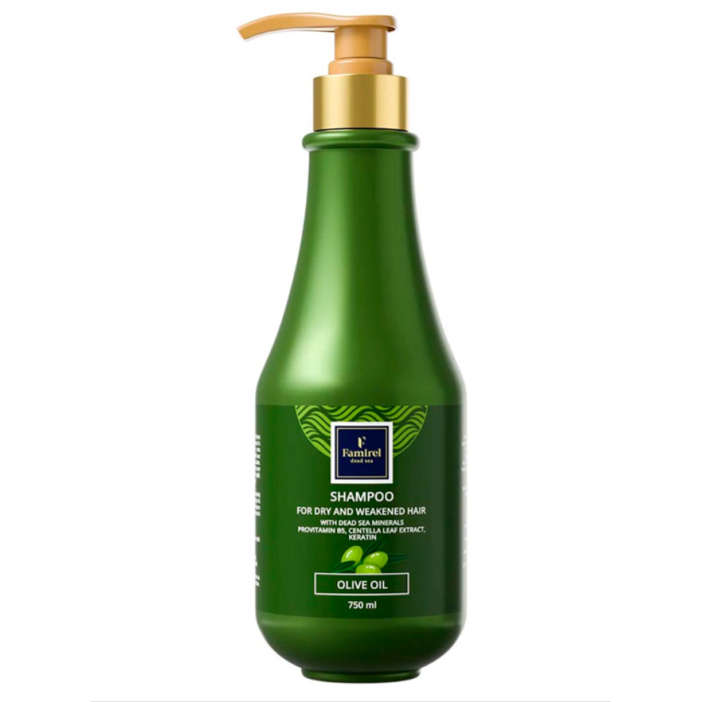 FAMIREL Shampoo Dry & Weakened Hair Olive Oil, Centella, Keratin & Dead Sea Minerals - Шампунь для сухих и повреждённых волос с минералами Мёртвого моря, 750ml (7290114084994)