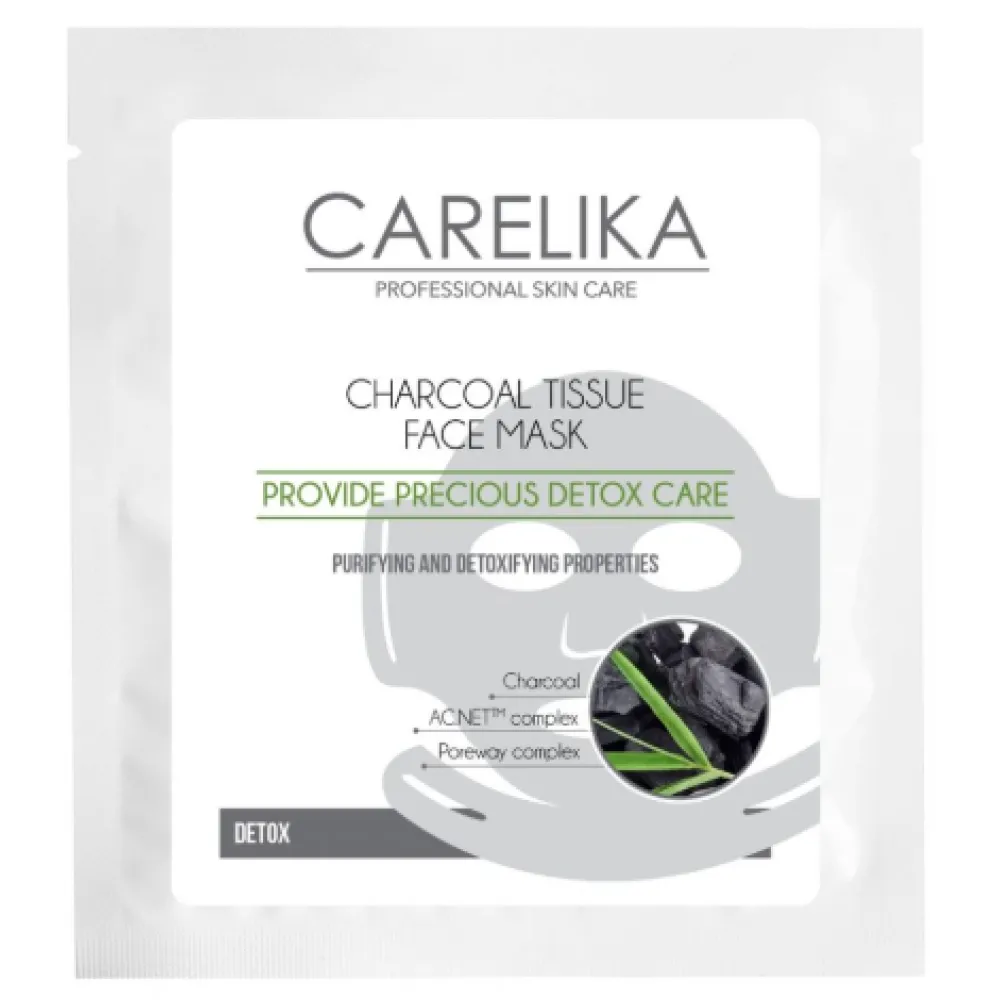 CARELIKA Charcoal Tissue Face Mask Detox - Тканевая очищающая детокс маска для лица с древесным углем, 23ml
