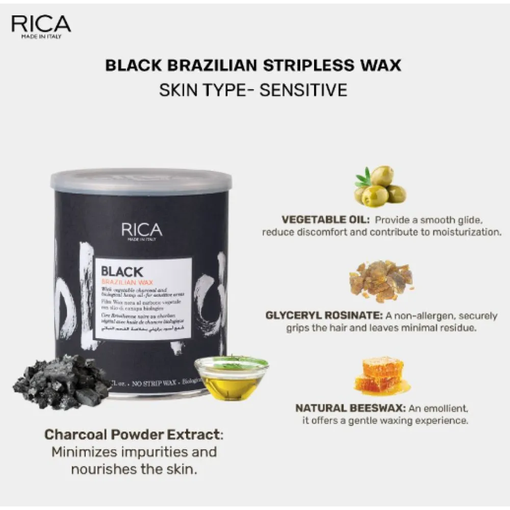 RICA BLACK Brazilian Wax - Чёрный Бразильский твердый воск с экстрактом конопли и угля, 400ml